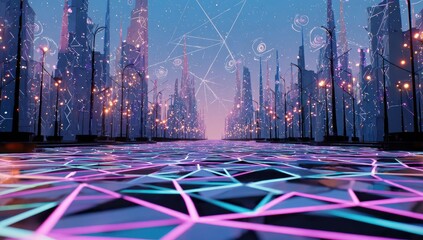 Futuristic cityscape at night, glowing neon streets, network lines connecting skyscrapers, vibrant pink and teal lights