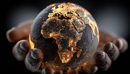 Glowing Earth globe cradled in dark, textured hands against a black background; continents subtly illuminated, suggesting interconnectedness and fragility