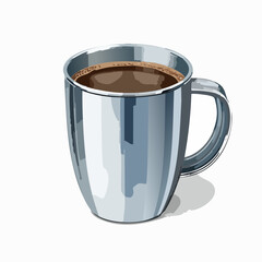 Shiny silver coffee mug filled with dark brown beverage isolated on white
