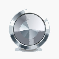 Shiny silver button graphic with radial design and shadow on white background