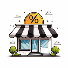Shopfront illustration with percentage symbol sign for sales and discounts