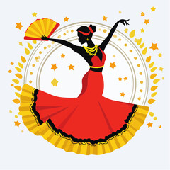 Silhouette of a dancing woman in a vibrant red dress and yellow fan