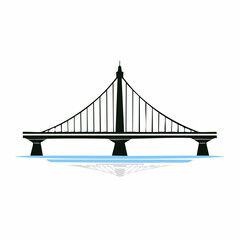 Silhouette of a modern cable stayed bridge over water against a white background