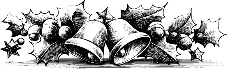 Plakat Festive christmas border with bells stars and holly branch for holiday designs