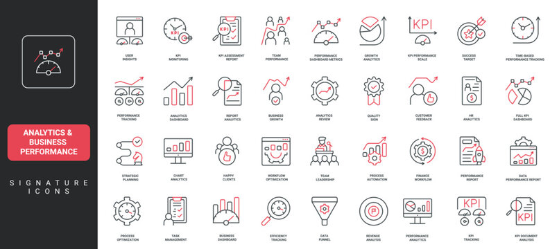 Modern line icons for analytics, business performance, KPI tracking, dashboards, growth metrics presentations, and digital projects isolated on white background vector illustration