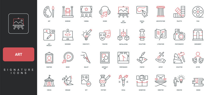 Art project and culture, theater and cinema, museum gallery and ballet dance line icon set. NFT and architecture, artwork of artist, literature thin black and red outline symbols vector illustration