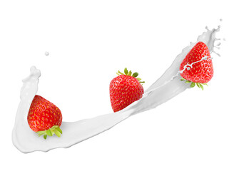 Milkshake splash and strawberries in air on white background
