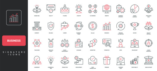 Business, corporate company development, organization and market strategy line icon set. Boss and employees, profitability and quality control thin black and red outline symbols vector illustration