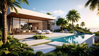 Luxurious Coastal Villa with Infinity Pool with Palm Trees, Ocean View, and Sunny Day.