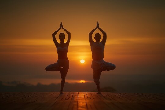 Couple practicing sunrise yoga on deck