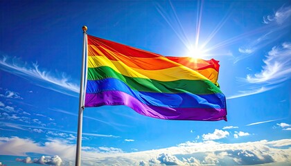 Rainbow Flag Waving On A Flagpole Under A Bright Sunny Blue Sky With Wispy Clouds And Sun Flare