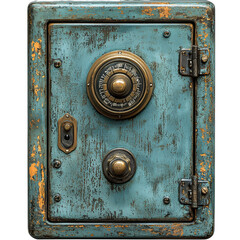 Fototapeta premium Antique Blue Safe With Combination Lock. Vintage Security And Protection Concept Isolated On Transparent Background