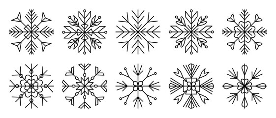 Black line snowflake set, decorative vector signs in various shapes, monochrome winter clipart collection 