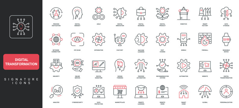 Digital transformation, analytics and cloud computing, AI automation of industry line icon set. Process digitization, smart business innovation thin black and red outline symbols vector illustration