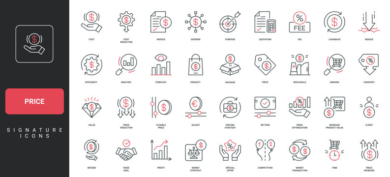 Price and discount, cost reduction, profit growth financial strategy line icon set. Increase and decrease, optimization of price, competition thin black and red outline symbols vector illustration