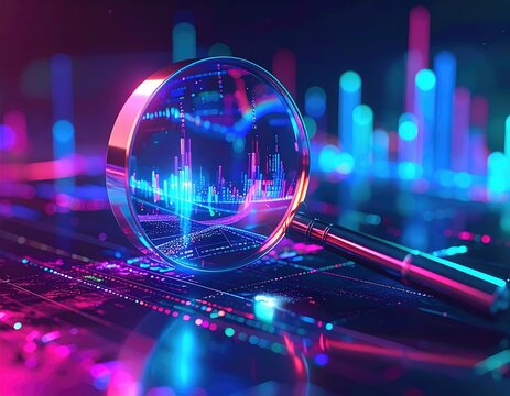 Futuristic digital data analysis magnifying glass on keyboard neon lights.