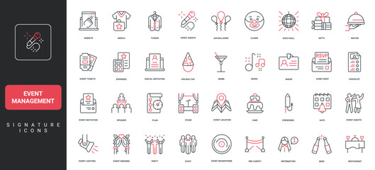 Comprehensive event management icon set featuring website, tickets, tuxedo, microphone, party, and celebration elements for planning, organizing, and promoting events vector illustration