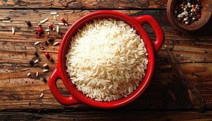 Red Ceramic Bowl Filled With White Basmati Rice And Spices Scattered On A Rustic Wooden Table Overhead View