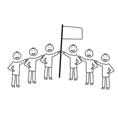 Team Celebrating Success with a Flag Doodle Illustration