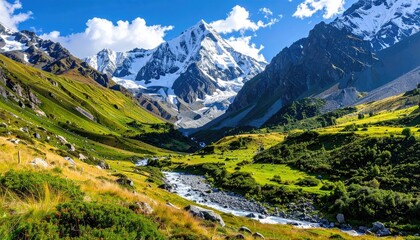 Vast Mountain Landscape with Lush Green Valleys and Snow Capped Peaks Under a Bright Blue Sky with Fluffy Clouds