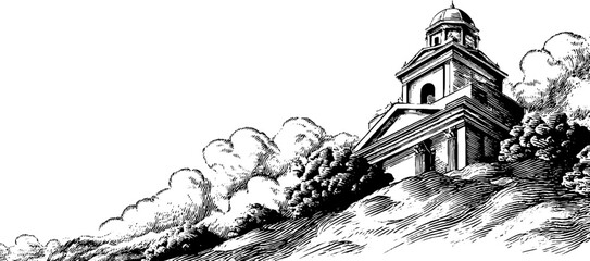 Fototapeta premium Ornamental church engraving with vintage cross-hatched background