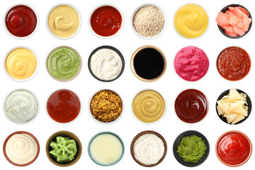 Wasabi and other condiments in bowls isolated on white, set. Top view