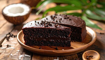 Rich Dark Chocolate Cake With Melty Chocolate Filling And Sprinkles On Top Served On A Wooden Plate With Coconut And Palm Leaves In The Background Detailed Macro Shot