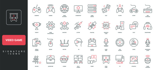 Video game genres, gamers equipment, entertainment line icon set. Game controller and mobile app, players gaming laptop, gamepad, graphics card thin black and red outline symbols vector illustration