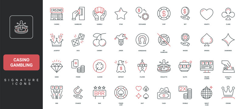 Casino gambling, roulettes and poker game, jackpot and lottery, slot machine line icon set. Gamble, dice and joker, exchange of chips, fortune thin black and red outline symbols vector illustration
