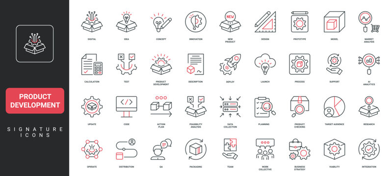 Product development, digital idea launch, design process, prototype model line icon set. AI Analytics and test, feasibility analysis, action plan thin black and red outline symbols vector illustration