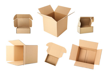 Open empty cardboard boxes isolated on white, set