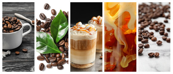 Coffee drinks and roasted beans, collage. Banner design
