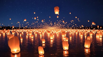 Sky Lanterns Glow: Hopeful Wishes Ascend Under Starry Night Sky