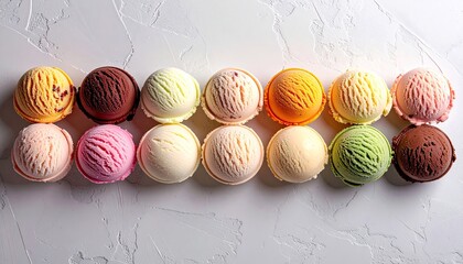 Rows of Assorted Ice Cream Scoops in Cones Displayed in a Variety of Colors and Flavors on a Light Textured Surface with Subtle Sparkles