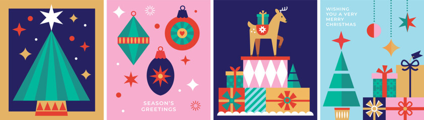 Modern Christmas card collection, Navidad set of designs with Holiday gifts, reindeer and baubles