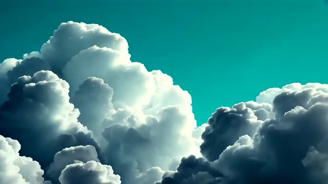 Vibrant turquoise sky filled with large, fluffy white and grey cumulus clouds