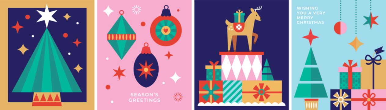 Modern Christmas card collection, Navidad set of designs with Holiday gifts, reindeer and baubles