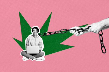 Contemporary pop art collage of happy freelancer girl hold laptop boss hands pull chain dictatorship pressure recruitment
