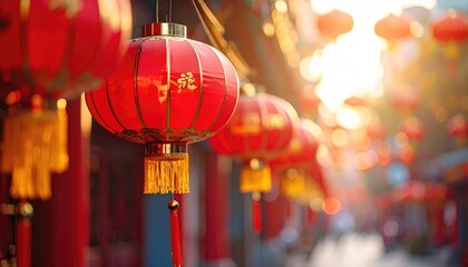 Rows of Red Chinese Lanterns Illuminated by Golden Sunlight During Festival Celebrations in an Asian City Street