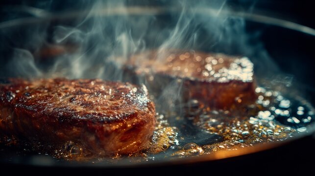 Sizzling Juicy Steak Cooking in Hot Pan with Aromatic Steam and Glazing Oil Creating a Mouthwatering Culinary Experience in High Resolution