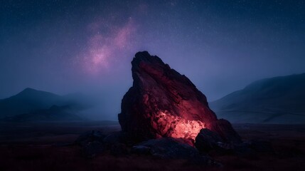 Fototapeta premium A glowing red rock formation under a starry misty night sky with the Milky Way visible