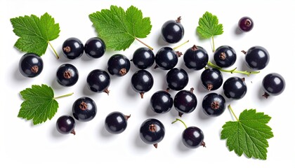Scattered Blackcurrants and Green Leaves on a White Background Bathed in Bright Light