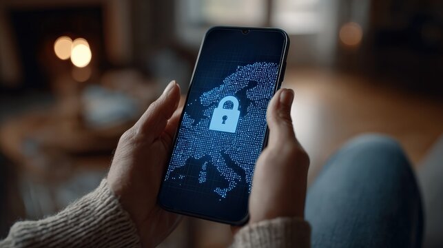 A person holding a smartphone displaying a digital map with a security lock icon, emphasizing cybersecurity and technological protection. - Powered by Adobe