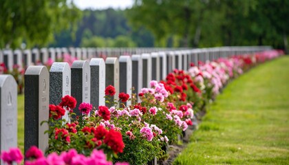 Fototapeta premium Memorial graves with roses with honoring fallen soldiers in a serene cemetery.
