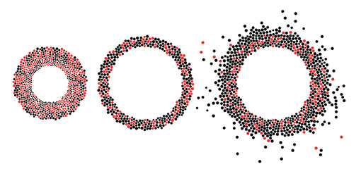 Progression of red and black particle rings disintegrating on white background. Abstract geometric illustration.