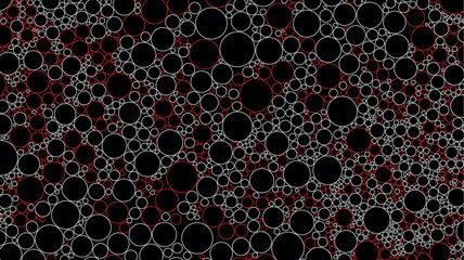 Red and white circle outlines pattern on black background. Abstract vector geometric monochrome design.