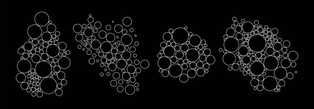 Set of abstract circle outline clusters on black background. Minimalist geometric vector design.