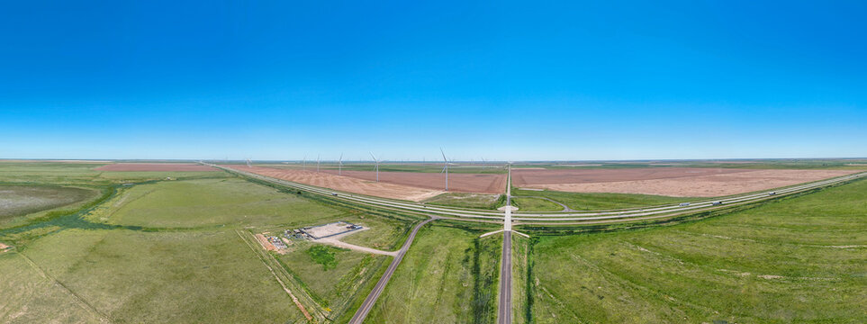 Aerial landscape of desert agricultural land in rural historic US route 66 Vega Texas TX