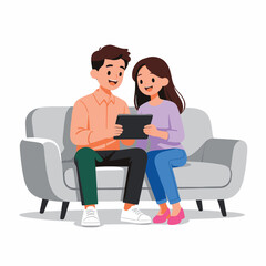 Fototapeta premium Happy Couple Sitting on a Sofa and Using a Digital Tablet