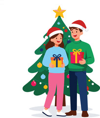 Happy Couple Exchanging Christmas Gifts in Front of a Decorated Tree